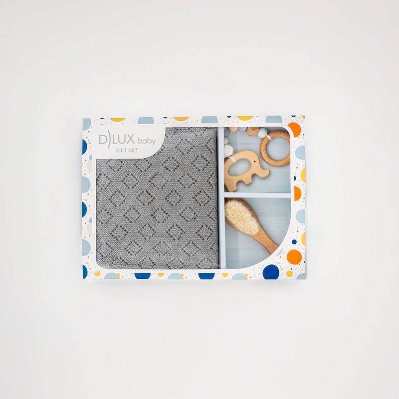Tiny Tusks Baby Gift Set – Diamond Pointelle Knit Blanket, Elephant Teether amd Baby Hair Brush