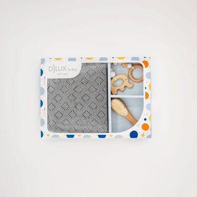 Tiny Tusks Baby Gift Set – Diamond Pointelle Knit Blanket, Elephant Teether amd Baby Hair Brush