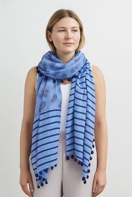 Pineapple Stripe Hand Printed Pure Cotton Pom Poms Scarf