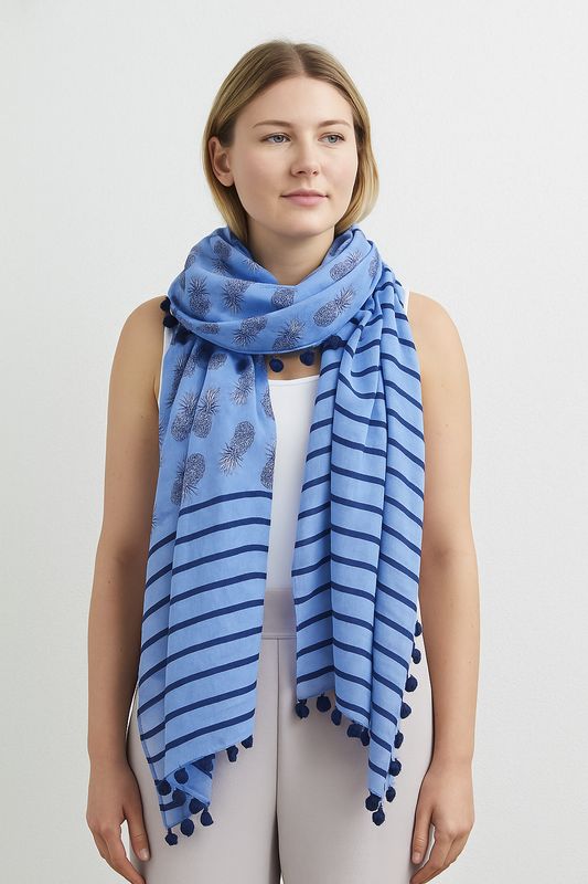 Pineapple Stripe Hand Printed Pure Cotton Pom Poms Scarf