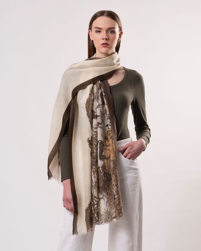 Nirvana Toile de Jouy Print Wool Silk Cashmere Blend Scarf | DLUX