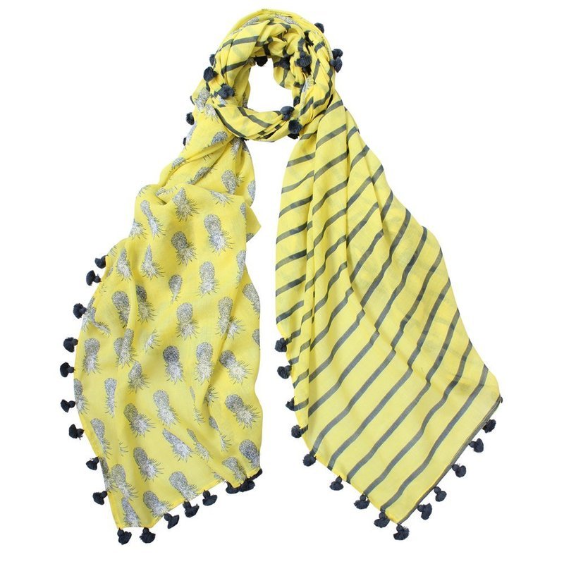 Pineapple Stripe Hand Printed Pure Cotton Pom Poms Scarf Pineapple Stripe Hand Printed Pure Cotton Pom Poms Scarf