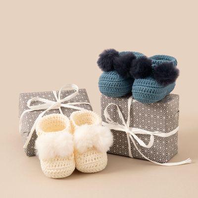 Topsy Pom Pom Baby Bootees - Hand Crocheted Cotton with Faux Fur Pom Poms Topsy Pom Pom Baby Bootees - Hand Crocheted Cotton with Faux Fur Pom Poms