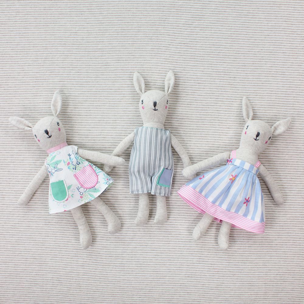 DLUX Baby Handmade Bunny Rattle Toy Pack with three cotton bunnies.