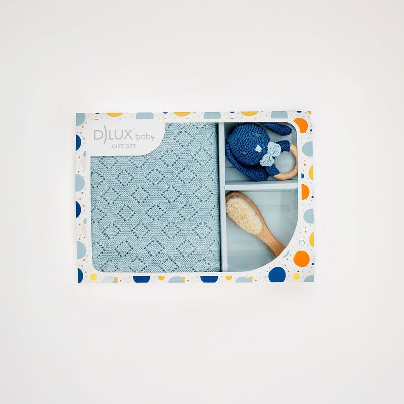 Bunny hugs baby gift set with blue knit blanket bunny rattle and soft brush