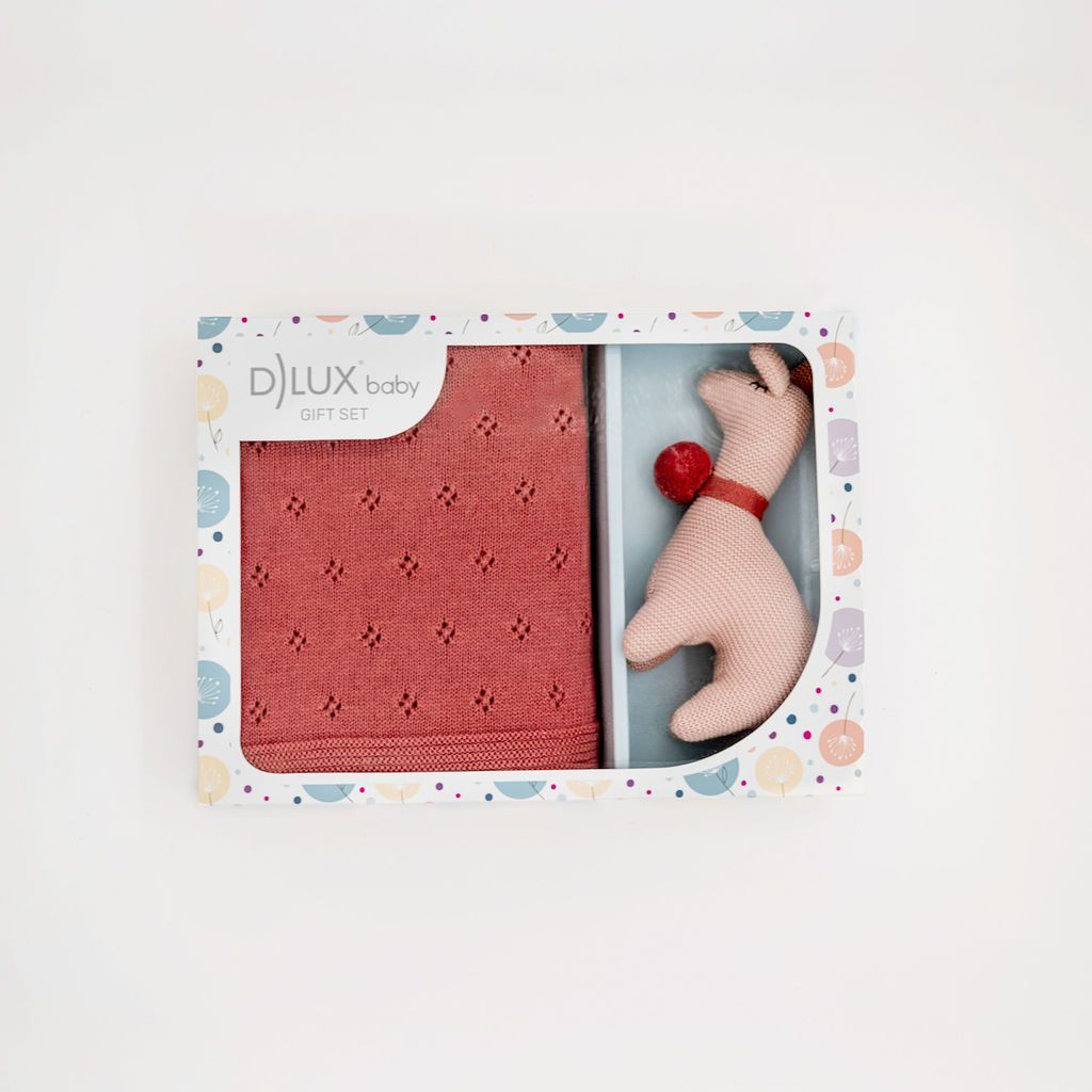 Little llama luxury baby gift set with dusty pink cotton knit blanket and rattle toy Little llama luxury baby gift set with dusty pink cotton knit blanket and rattle toy