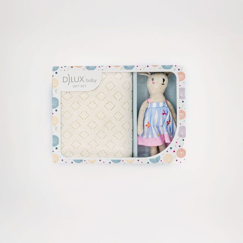 Pink Bunny Hop Baby Gift Set – Ivory Blanket & Bunny Rattle | Baby Girl Gift Box | Newborn Keepsake