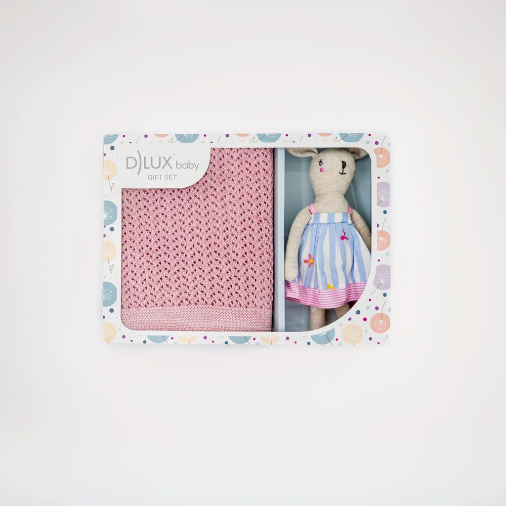 Pink Whisper Bunny Baby Gift Set – Blush Blanket & Bunny Rattle Toy | Baby Girl Shower Gift