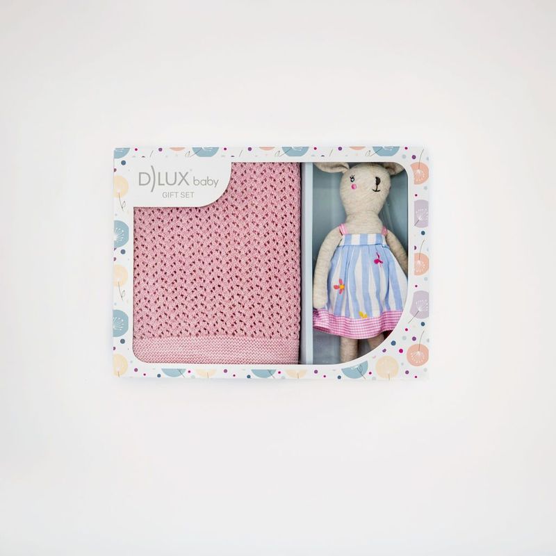 Pink Whisper Bunny Baby Gift Set – Blush Blanket & Bunny Rattle Toy | Baby Girl Shower Gift