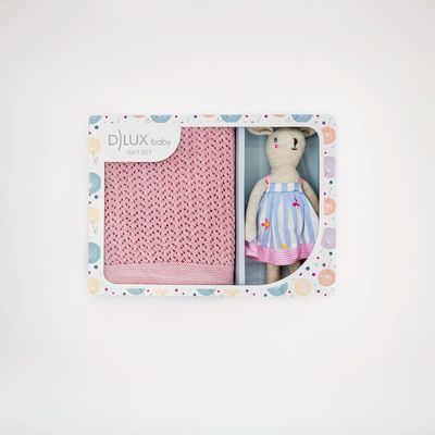 Pink Whisper Bunny Baby Gift Set – Blush Blanket & Bunny Rattle Toy | Baby Girl Shower Gift
