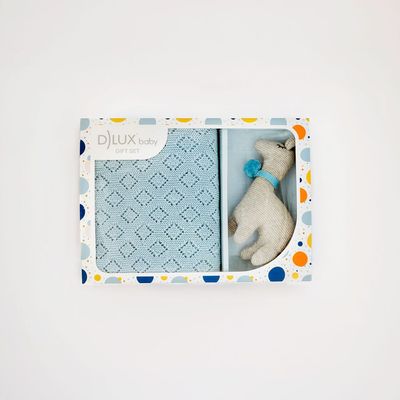 Blue Llama baby gift set with llama toy and cotton knit blanket, baby boy shower gift, newborn comfort set