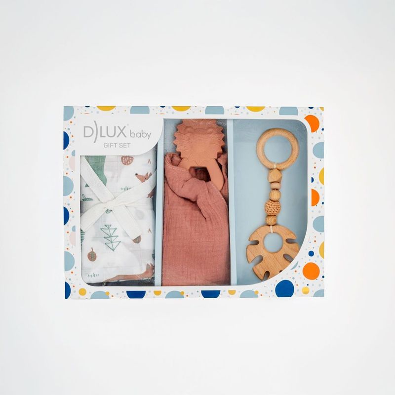 Little Safari Baby Gift Set with Safari Muslin Wrap, Muslin Comforter and Monstera leaf pram/gym toy