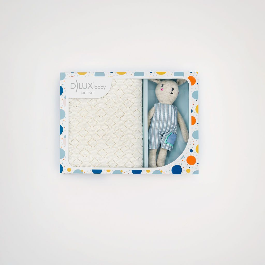 Blue Bunny Hop Baby Gift Set | Ivory Cotton Blanket & Bunny Rattle Toy | Newborn Boy Gift Blue Bunny Hop Baby Gift Set | Ivory Cotton Blanket & Bunny Rattle Toy | Newborn Boy Gift