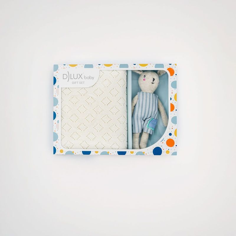 Blue Bunny Hop Baby Gift Set | Ivory Cotton Blanket & Bunny Rattle Toy | Newborn Boy Gift