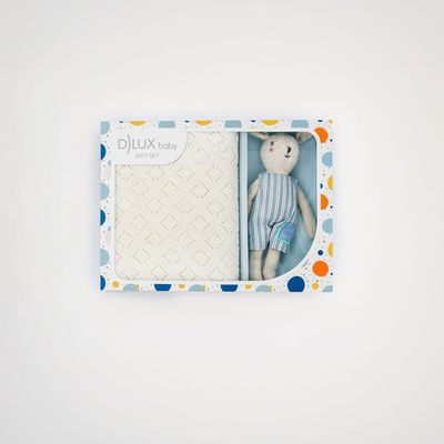 Blue Bunny Hop Baby Gift Set | Ivory Cotton Blanket & Bunny Rattle Toy | Newborn Boy Gift