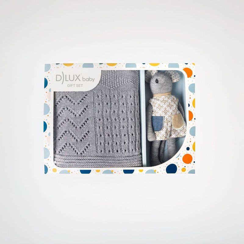 Little Grey Mouse Luxury Baby Gift Set – Knit Blanket & Rattle Toy | Newborn Baby Shower Gift | Gender Neutral Keepsake