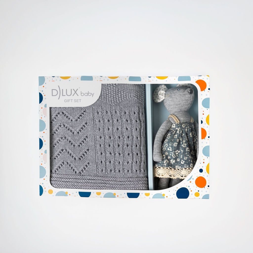 Little Floral Mouse Luxury Baby Gift Set – Grey Knit Blanket & Toy | Baby Shower Gift | Vintage Style