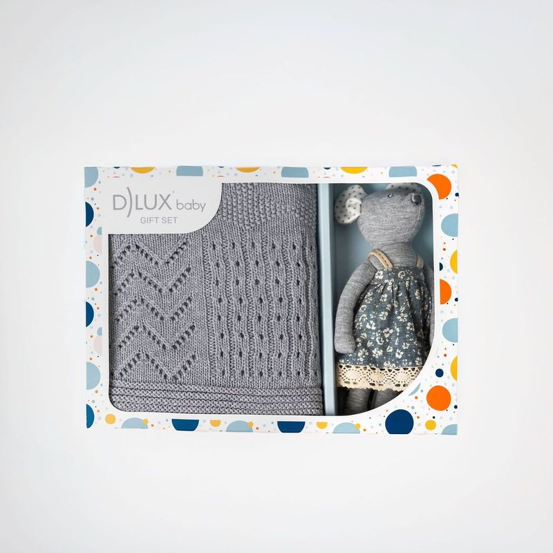 Little Floral Mouse Luxury Baby Gift Set – Grey Knit Blanket & Toy | Baby Shower Gift | Vintage Style