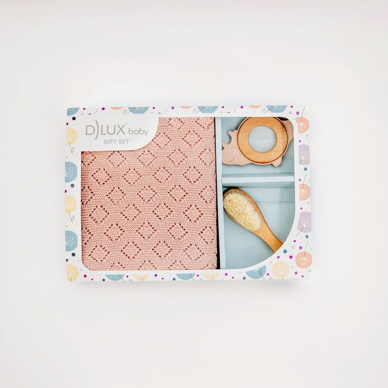 Pinkasaurus baby girl gift set with soft knit blanket wood teether and baby brush for newborn essentials