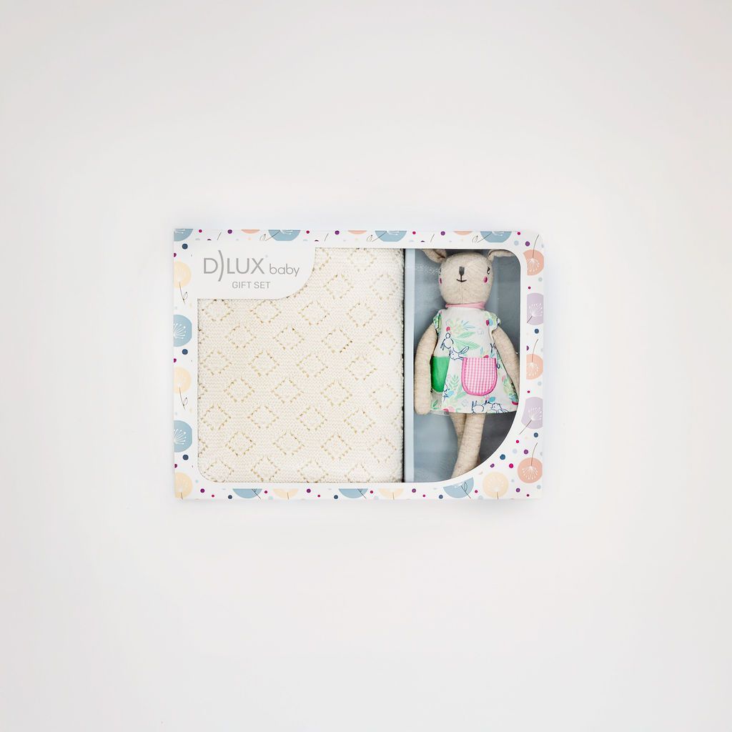 Ivory Bunny Hop Baby Gift Set with Pointelle Knit Blanket and Handmade Bunny Rattle Toy