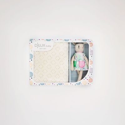 Ivory Bunny Hop Baby Gift Set with Pointelle Knit Blanket and Handmade Bunny Rattle Toy