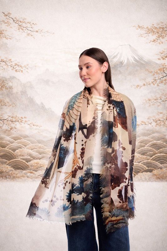 Sumi Abstract Landscape & Crane Print Merino Wool Scarf Sumi Abstract Landscape & Crane Print Merino Wool Scarf