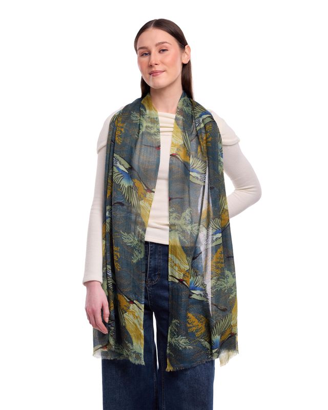 Orika Foliage & Birds Print Wool Silk Scarf