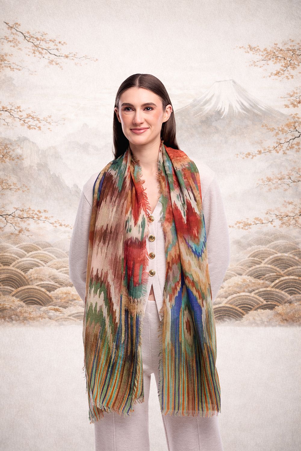 Ember Abstract Landscape & Crane Print Merino Wool Scarf