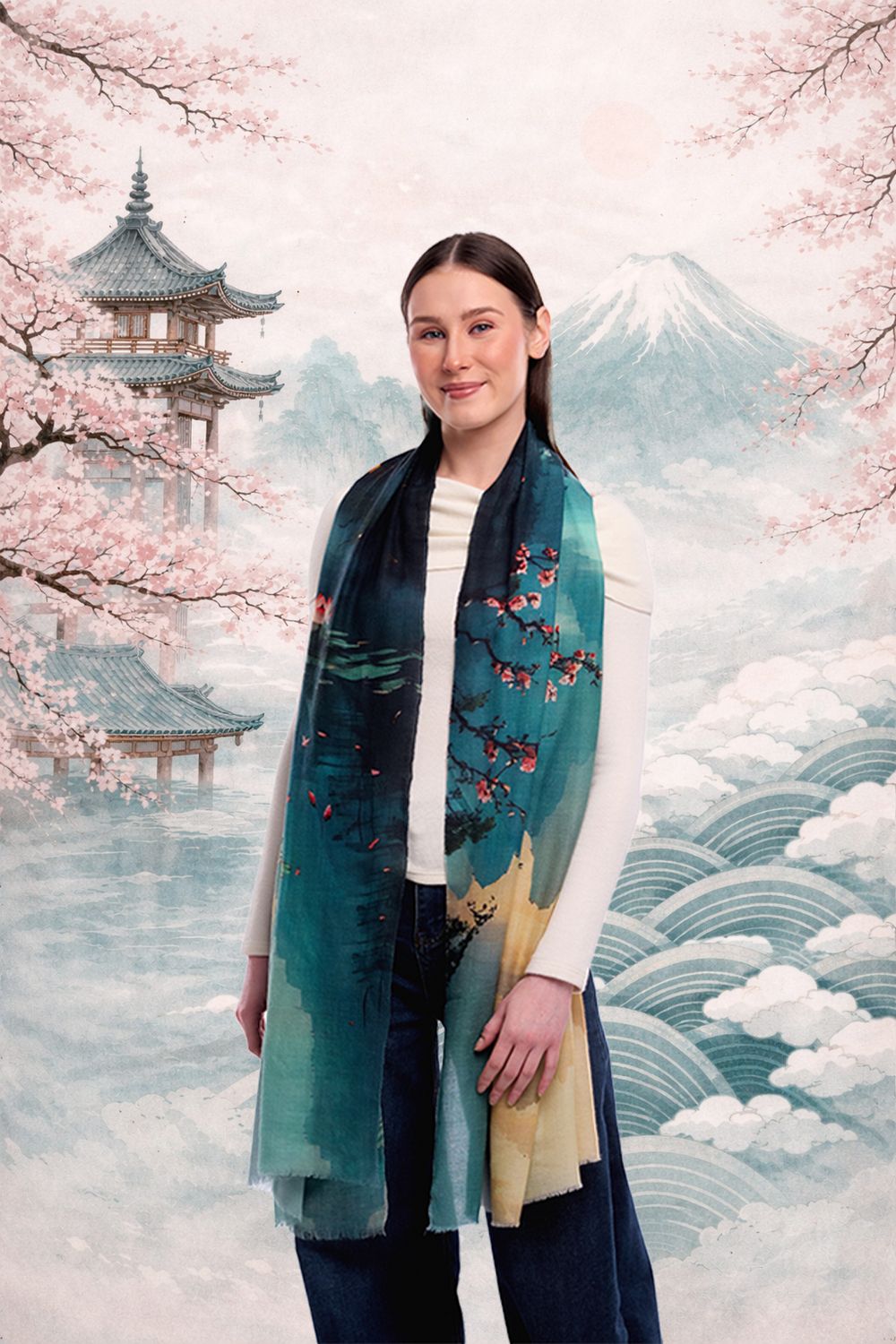 Amaya Landscape/Lotus Print Wool Modal Scarf Amaya Landscape/Lotus Print Wool Modal Scarf