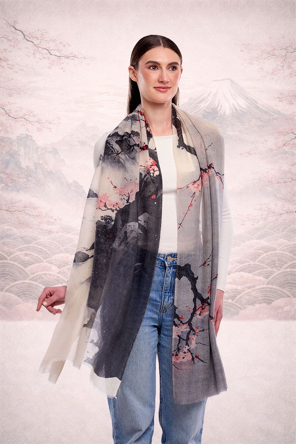 Miyu Landscape/Cherry Blossom Print Merino Wool Scarf | DLUX Miyu Landscape/Cherry Blossom Print Merino Wool Scarf | DLUX