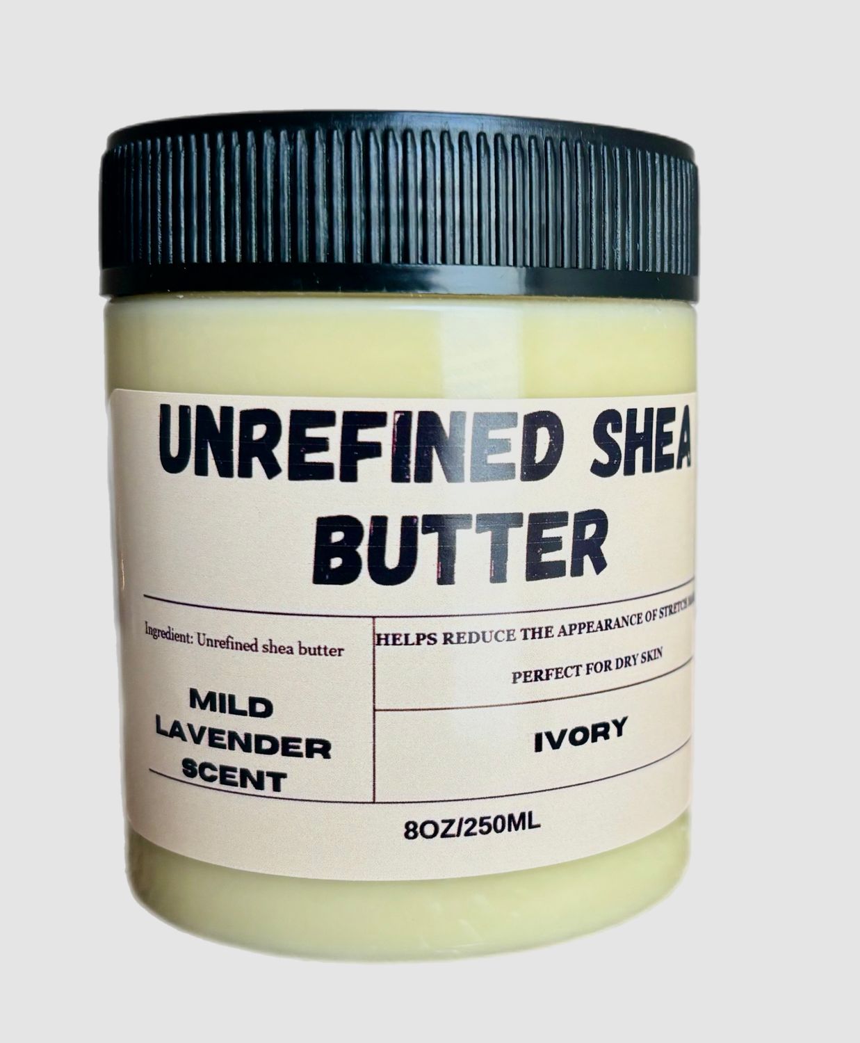 Unrefined shea butter with mild lavender scent. 8oz