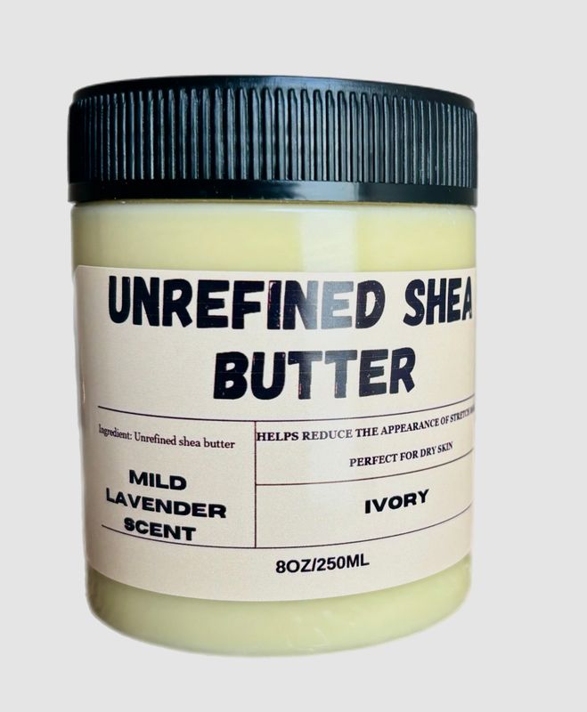 Unrefined shea butter with mild lavender scent. 8oz