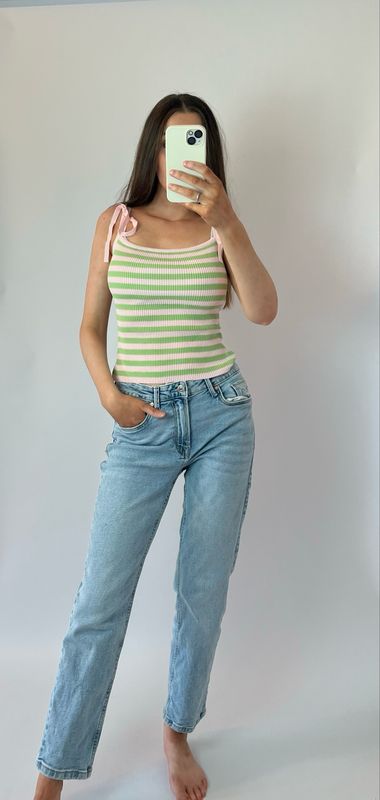 Ripp-Top mit Streifen & Schnürträgern guave