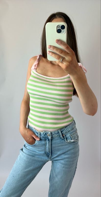 Ripp-Top mit Streifen & Schnürträgern guave