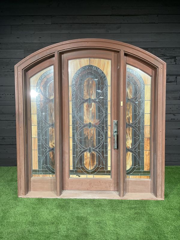 Custom Mahogany Arched Stained Glass Doorway with Sidelites