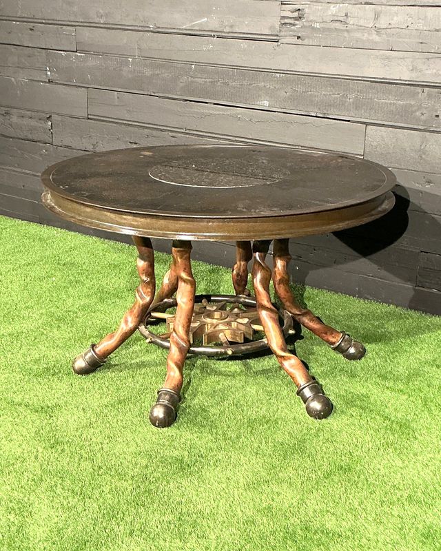 Industrial Round Top Dining Table | Steel Top with Twisted Copper Legs | Reclaimed Custom Industrial Furniture