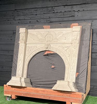 Hand-Carved Natural Limestone Fireplace Mantel with Lion Heads | 55-1/2" x 58" | Reclaimed Architectural Salvage