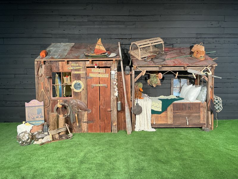 Custom Twin Fisherman's Bait & Tackle Shack Bed with 55-Gallon Fish Tank & Built-In Desk | 12' Long Handcrafted Bedroom Set