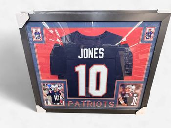 NE Patriots Mac Jones Framed Jersey and photo collage