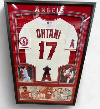 LA Angels Shohei Ohtani Autographed Framed Jersey w/ photo collage Fanatics COA