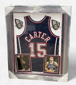 NJ Nets Vince Carter Autographed Framed Jersey (Navy) w/ photos Fanatics COA