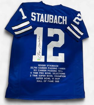 Roger Staubach Embroidered Stats Jersey Beckett COA