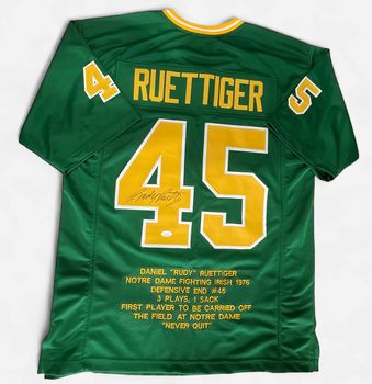 Notre Dame Rudy Ruettiger Embroidered Stats Autographed Jersey (Green) JSA COA