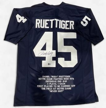 Notre Dame Rudy Ruettiger Embroidered Stats Autographed Jersey Beckett COA Notre Dame Rudy Ruettiger Embroidered Stats Autographed Jersey Beckett COA