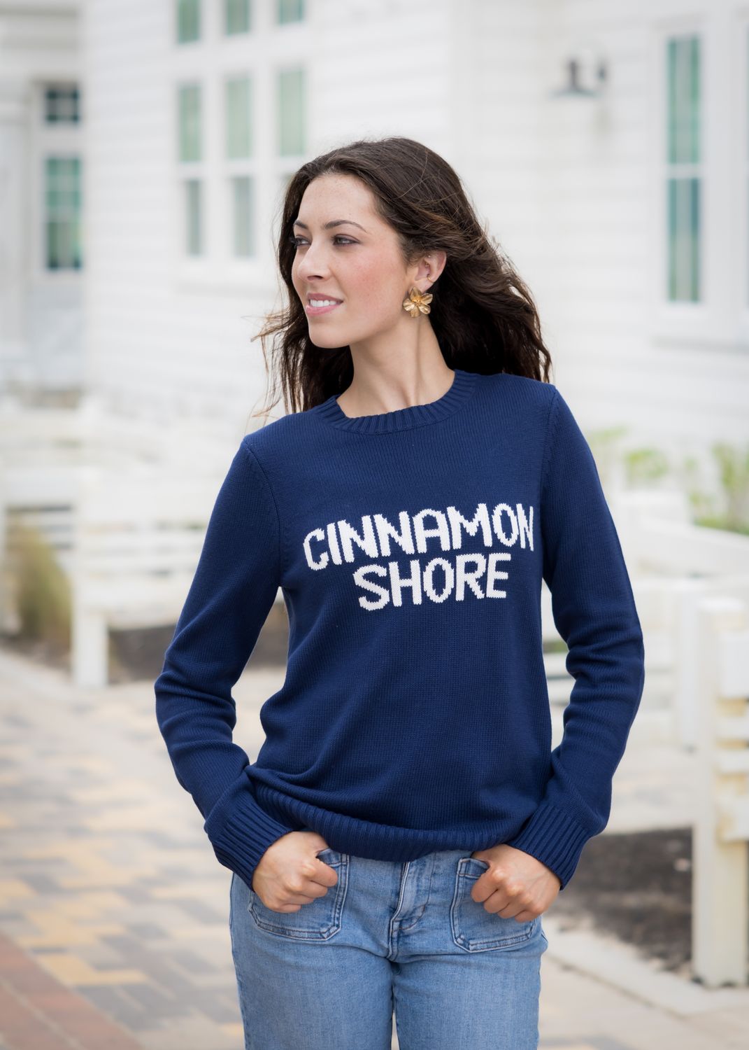 Ellsworth + Ivey Navy Cinnamon Shore Intarsia Sweater, Size: X-Small