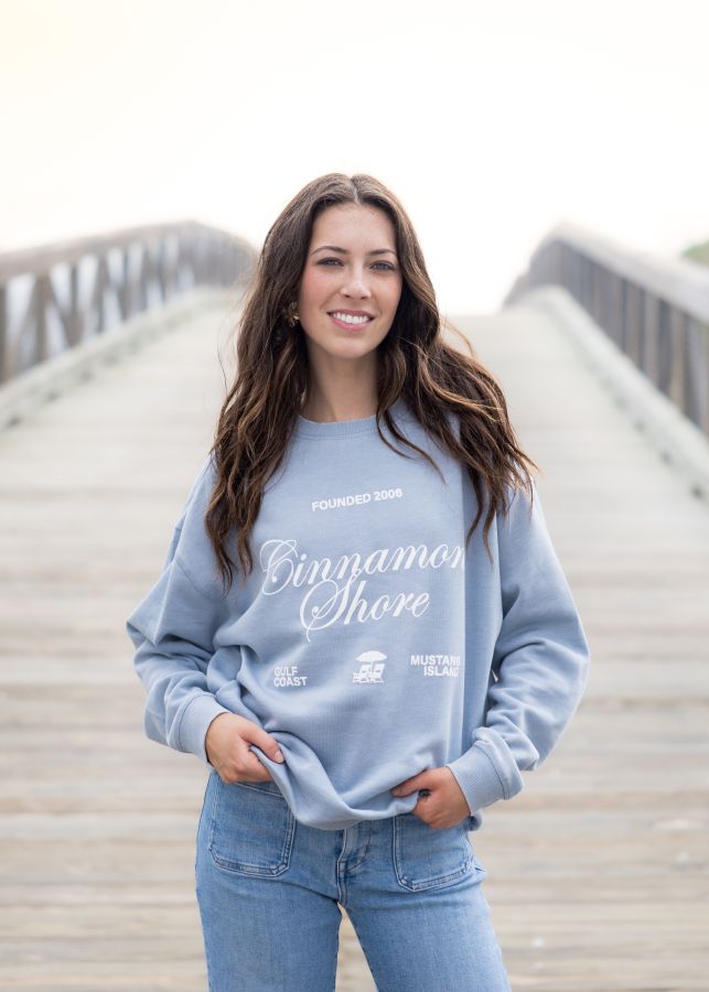 Cinnamon Shore Faded Denim Script Sweatshirt, Size: Small