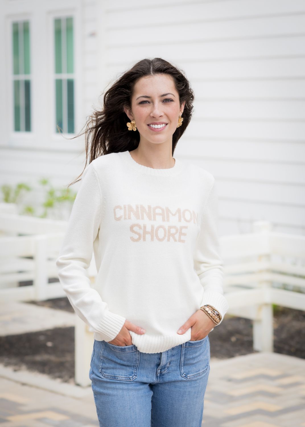 Ellsworth + Ivey Cream Cinnamon Shore Intarsia Sweater, Size: X-Small