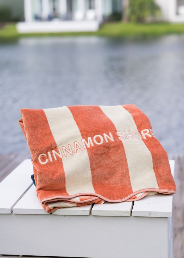 Signature Cinnamon Shore Scalloped Velour Coral Striped Towel