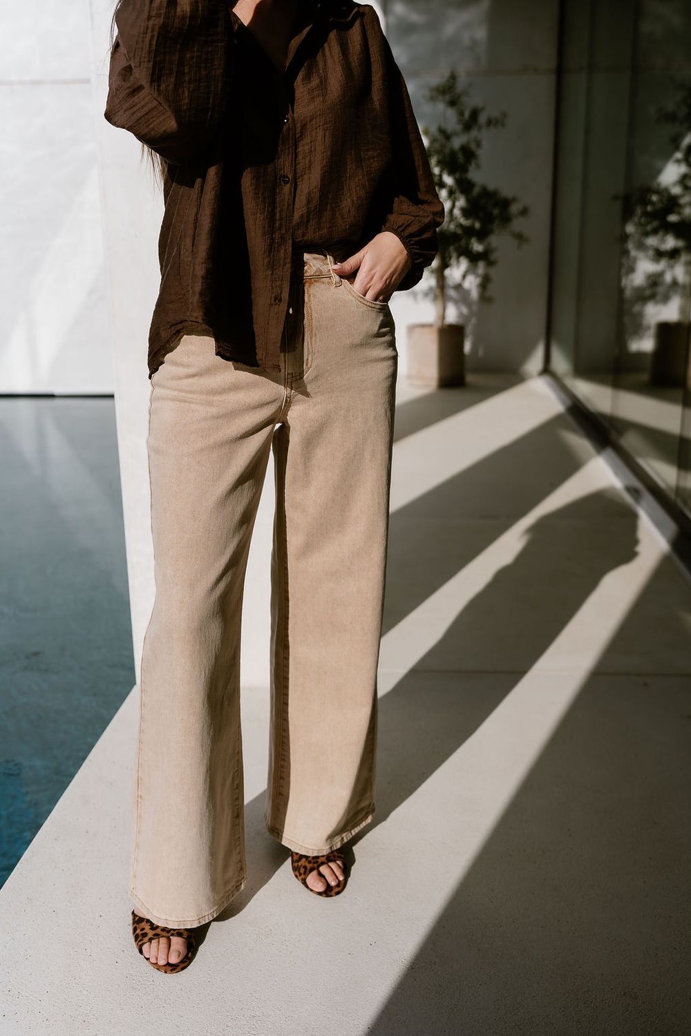 Wide Leg Jeans Washed Camel