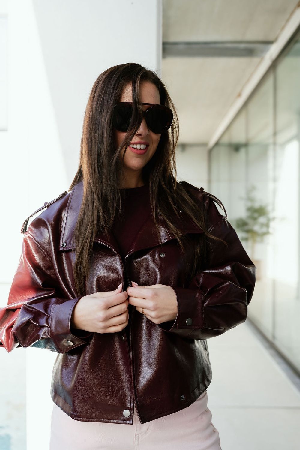 Short Leather Jacket Burgundy
